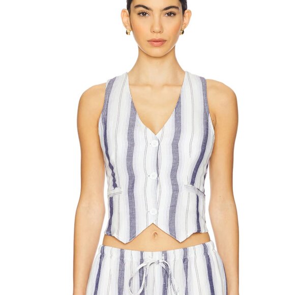 NEW Bella Dahl Cinch Back Vest in Coastal Ombre Stripe White Blue Tank Linen - Picture 1 of 4